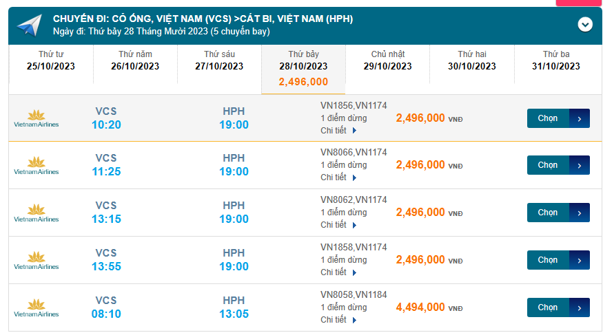 Cỏ Ống (VCS) đến Cát Bi (HPH) thứ bảy 28/10/2023