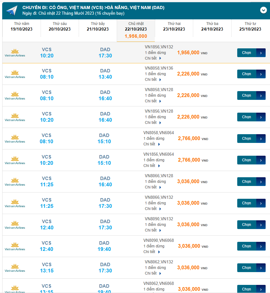 Cỏ Ống (VCS) đến Đà Nẵng (DAD) chủ nhật 22/10/2023