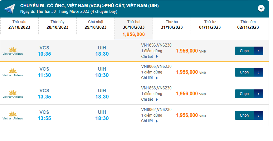 Cỏ Ống (VCS) đến Phù Cát (UIH) thứ hai 30/10/2023