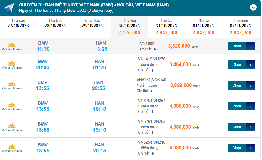 Ban Mê Thuột (BMV) đến Nội Bài (HAN) thứ hai 30/10/2023