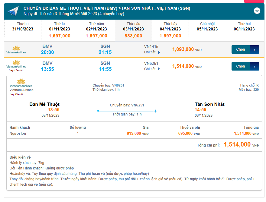 Ban Mê Thuột (BMV) đến Tân Sơn Nhất (SGN) thứ Sáu 03/11/2023