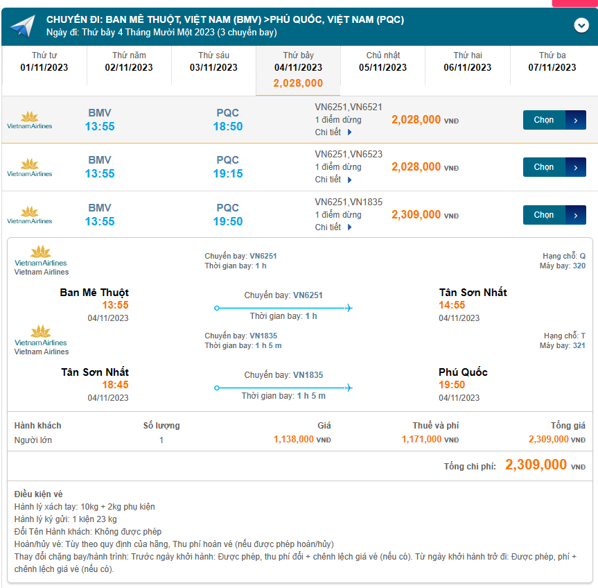 Ban Mê Thuột (BMV) đến Phú Quốc (PQC) thứ bảy 04/11/2023