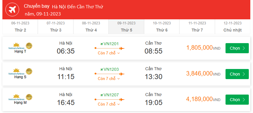 Hà Nội Đến Cần Thơ Thứ năm, 09-11-2023