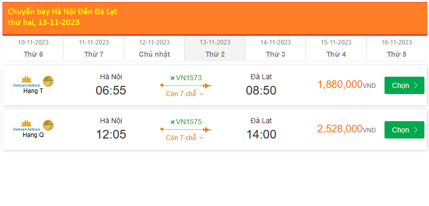 Chuyến bay Hà Nội Đến Đà Lạt thứ hai, 13-11-2023