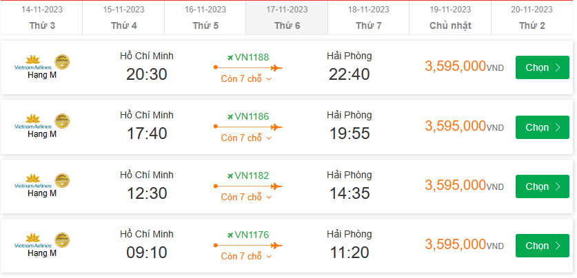 Hồ Chí Minh (SGN) Đến Hải Phòng thứ sáu 17-11-2023