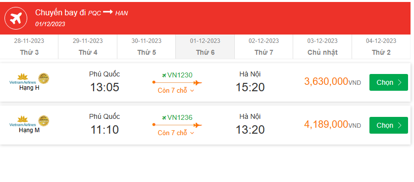 Phú Quốc (PQC) Đến Hà Nội (HAN thứ sáu 01-12-2023
