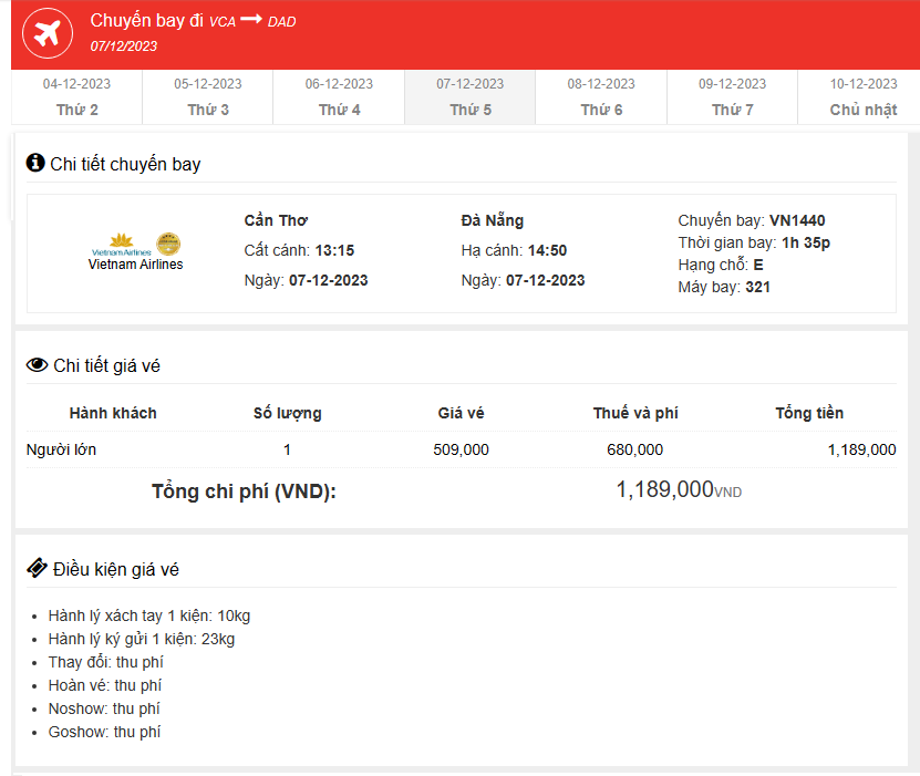 Cần Thơ (VCA) Đến Đà Nẵng (DAD) thứ năm 07-12-2023