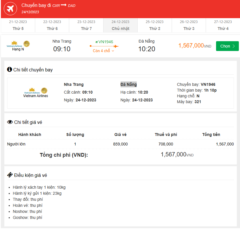 Nha Trang (CXR) Đến Đà Nẵng chủ nhật 24-12-2023