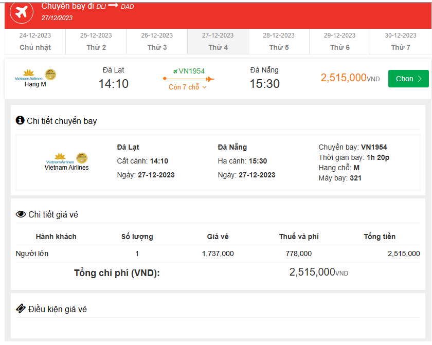 Đà Lạt (DLI) Đến Đà Nẵng (SGN) thứ tư  27-12-2023
