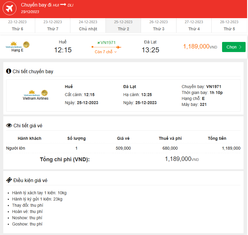 Huế (HUI) Đến Đà Lạt (DLI) thứ hai 25-12-2023
