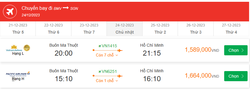 Buôn Ma Thuột (BMV) Đến Hồ Chí Minh (SGN) chủ nhật 24-12-2023