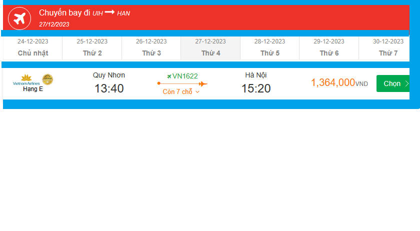 Quy Nhơn (UIH) Đến Hà Nội (HAN) thứ tư 27-12-2023