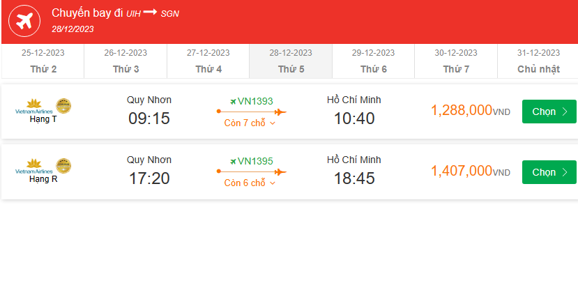 Quy Nhơn (UIH) Đến Hồ Chí Minh (SGN) thứ năm 28-12-2023