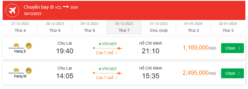 Chu Lai (VCL) Đến Đến Hồ Chí Minh (SGN) thứ bảy 30-12-2023