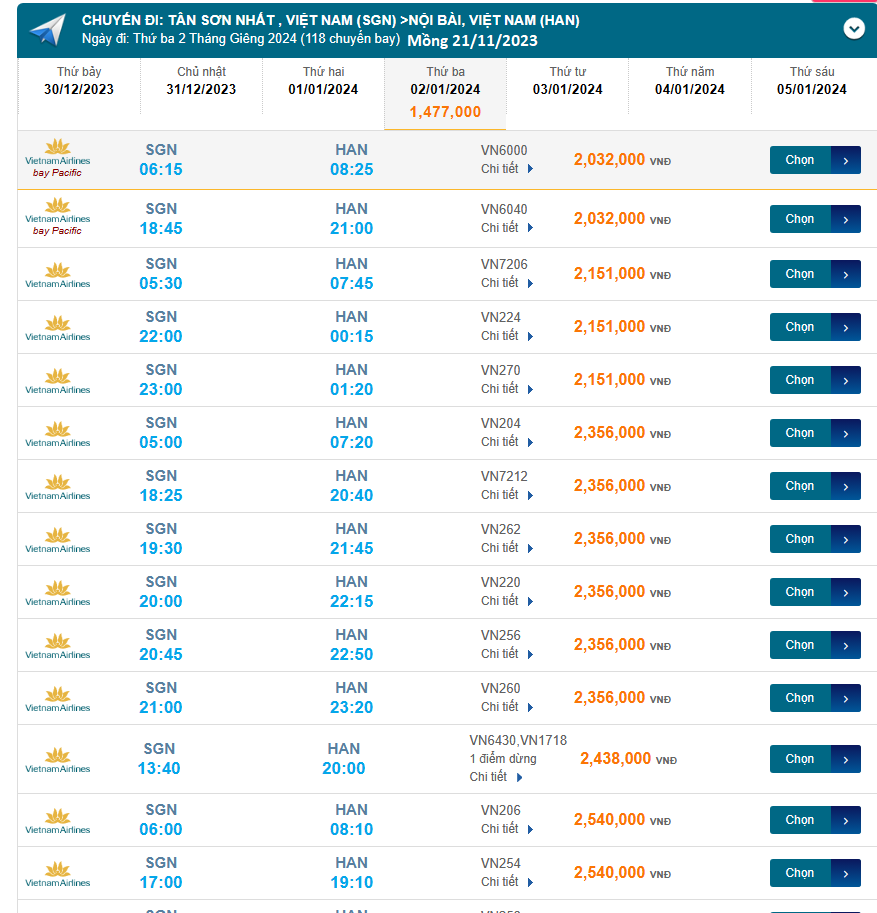 Tân Sơn Nhất  - Nội Bài (HAN) 02/01/2024 Mồng 21/11/2023