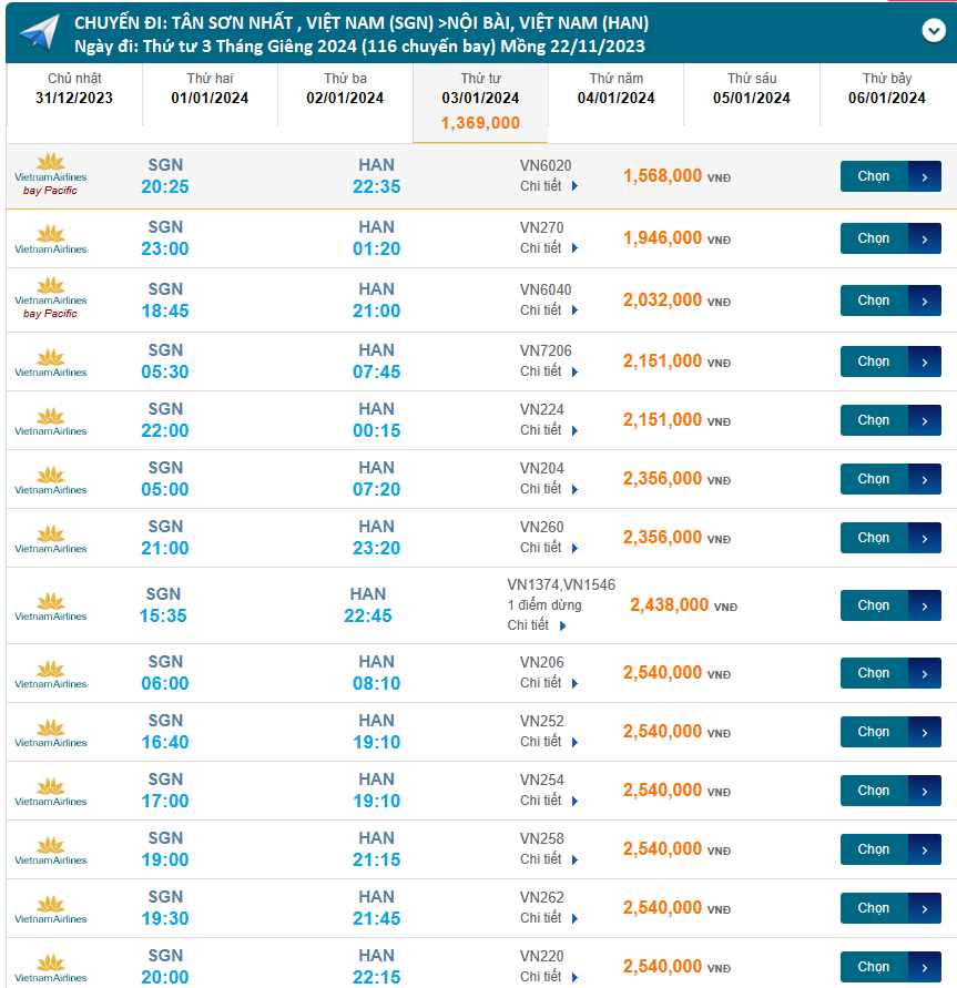 Tân Sơn Nhất - Nội Bài (HAN) 03/01/2024 Mồng 22/11/2023