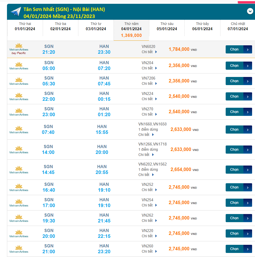 Tân Sơn Nhất - Nội Bài (HAN) 04/01/2024 Mồng 23/11/2023