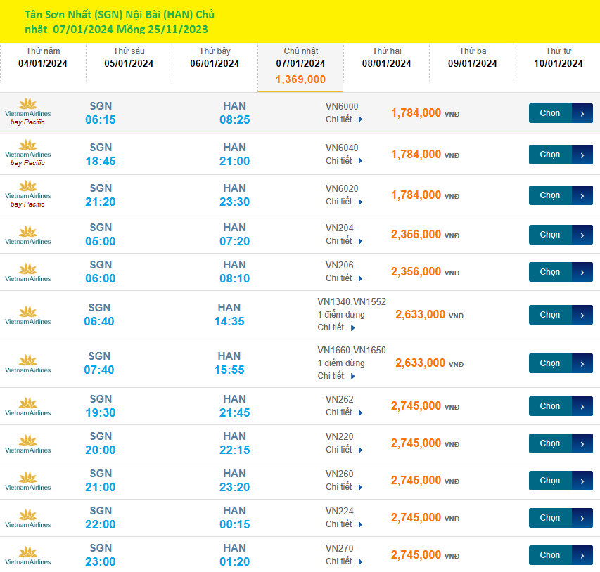 Tân Sơn Nhất Nội Bài Chủ nhật 07/01/2024 Mồng 26/11/2023