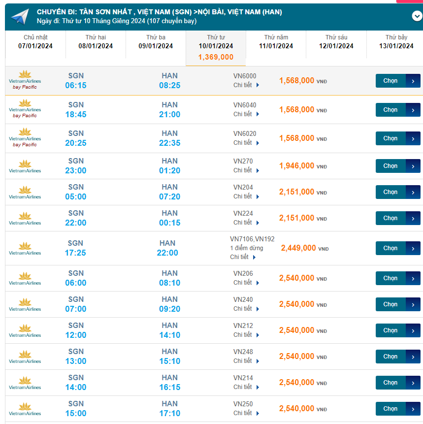 Tân Sơn Nhất - Nội Bài (HAN) 10/01/2024 Mồng 29/11/2023