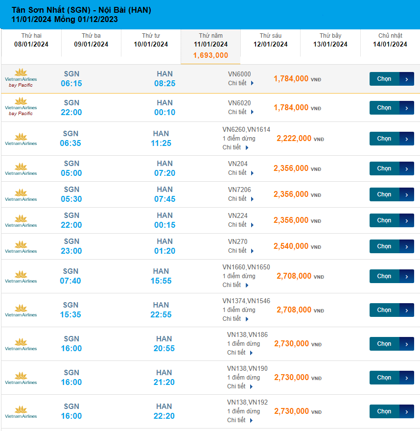 Tân Sơn Nhất Nội Bài (HAN) 11/01/2024 Mồng 01/12/2023