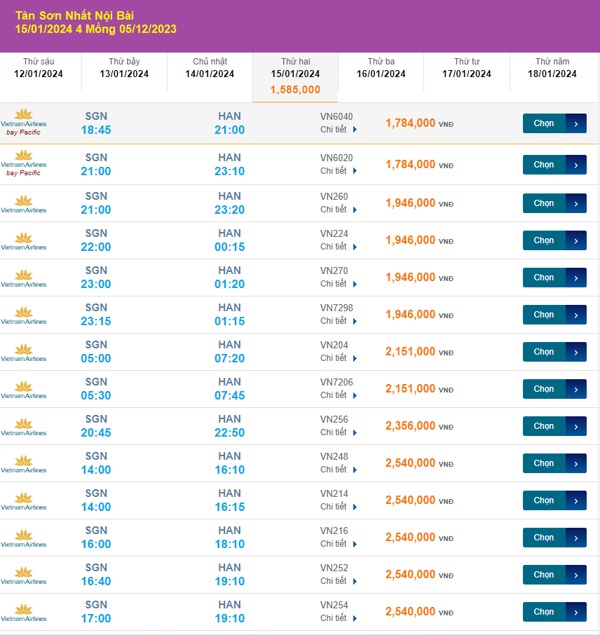 Tân Sơn Nhất  - Nội Bài (HAN) 15/01/2024 Mồng 05/12/2023