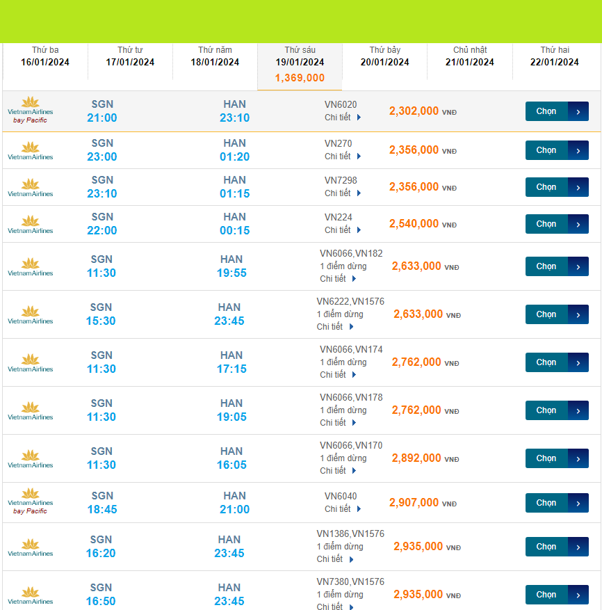 Tân Sơn Nhất (SGN) - Nội Bài (HAN) 19/01/2024 Mồng 09/12/202