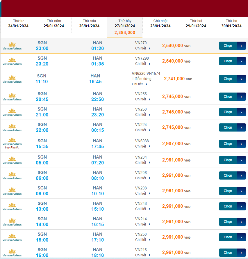Tân Sơn Nhất - Nội Bài (HAN) 27/01/2024 Mồng 17/12/2023