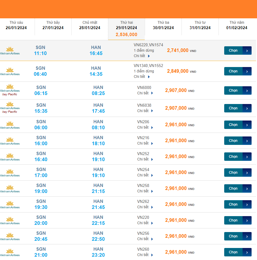 Tân Sơn Nhất - Nội Bài (HAN) 29/01/2024 Mồng 19/12/2023