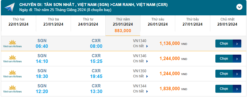 Tân Sơn Nhất  - Cam Ranh (CXR) 25/01/2024 Mồng 15/12/2023