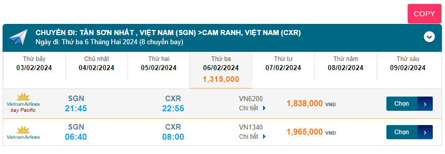 Tân Sơn Nhất  - Cam Ranh (CXR) 06/02/2024 Mồng 27/12/2023