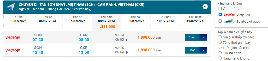 Tân Sơn Nhất  - Cam Ranh (CXR) 08/02/2024 Mồng 29/12/2023