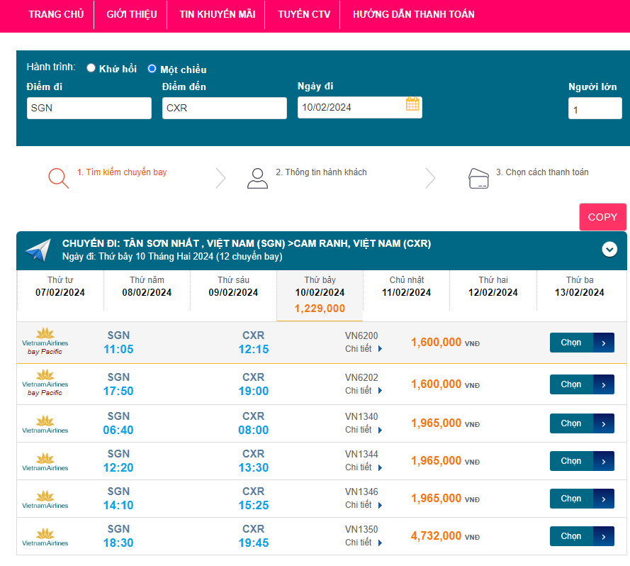 Tân Sơn Nhất  - Cam Ranh (CXR) 10/02/2024 Mồng 01/01/2024