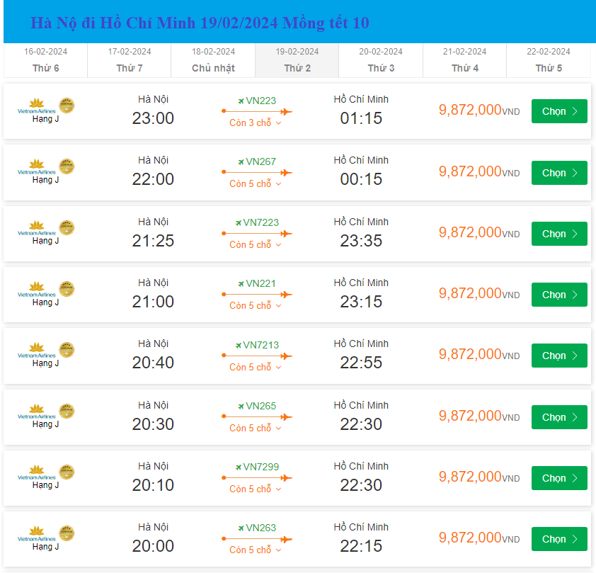 Hà Nộ đi Hồ Chí Minh 19/02/2024 Mồng tết 10