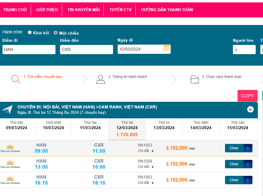 Nội Bài (HAN) - Cam Ranh (CXR) 12/03/2024