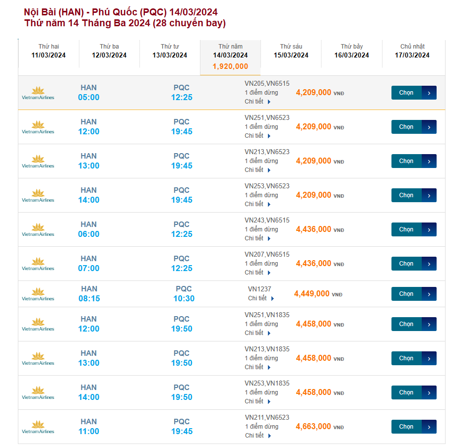 Nội Bài (HAN) - Phú Quốc (PQC) 14/03/2024
