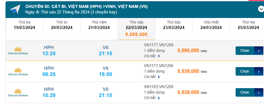 Cát Bi (HPH) – Vinh (VII) 22/03/2024