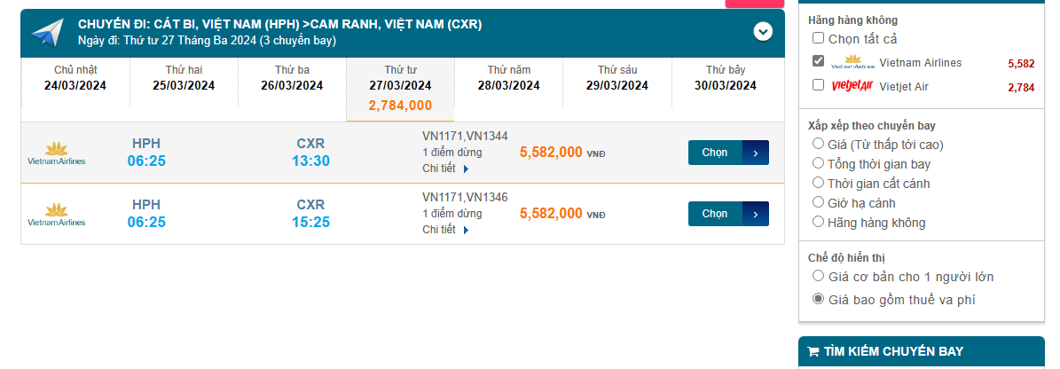 Cát Bi (HPH) - Cam Ranh (CXR) 27/03/2024