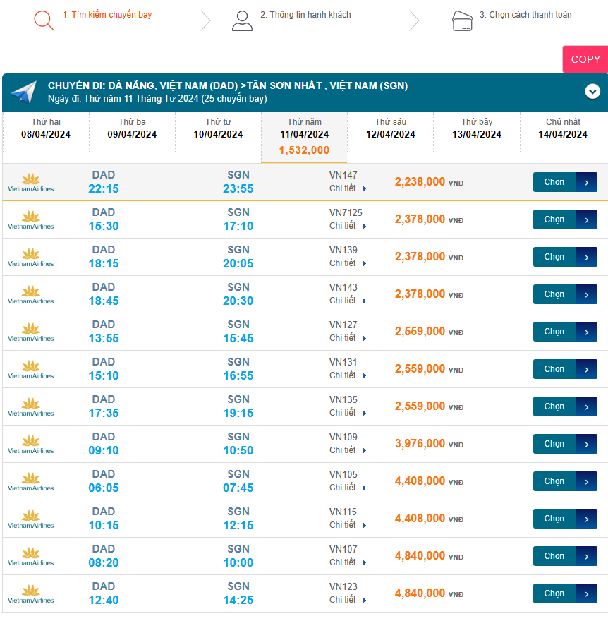 Đà Nẵng (DAD) - Tân Sơn Nhất (SGN) 11/04/2024
