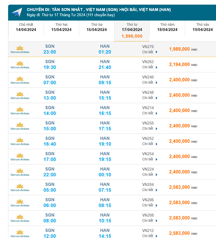 Tân Sơn Nhất (SGN) - Nội Bài (HAN) 17/04/2024