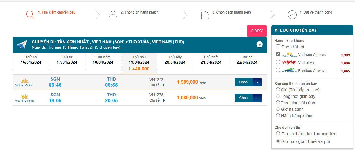 Tân Sơn Nhất (SGN) - Thọ Xuân (THD) 19/04/2024