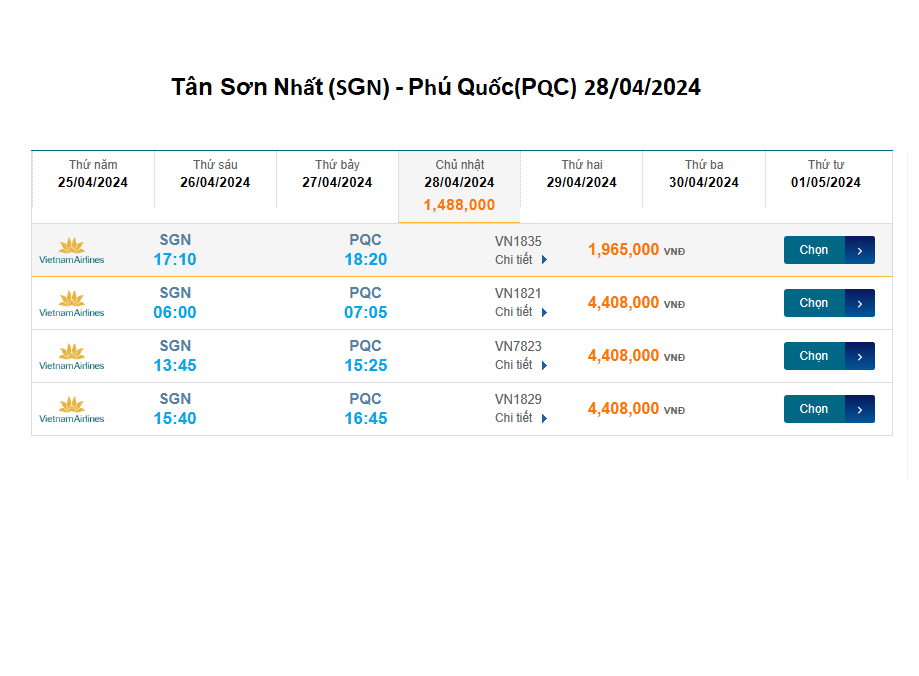 Tân Sơn Nhất (SGN) - Phú Quốc (PQC) 28/04/2024