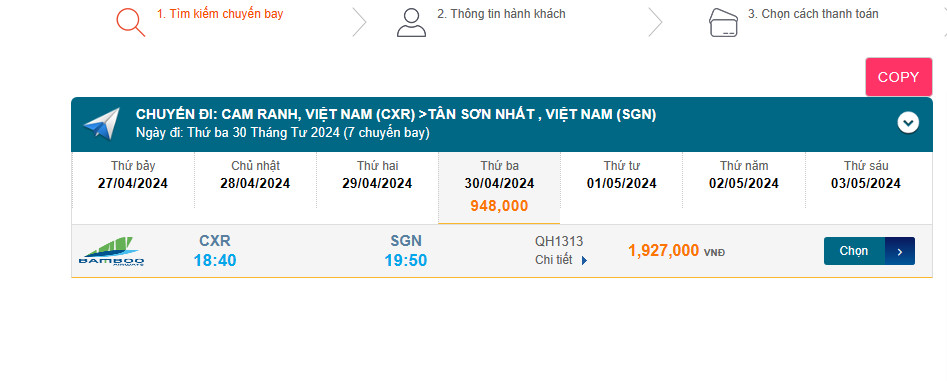 Cam Ranh (CXR) - Tân Sơn Nhất (SGN) 30/04/2024 Lần 1