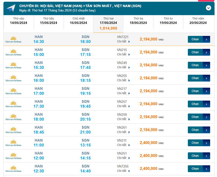 Nội Bài(HAN) - Tân Sơn Nhất (SGN) 17/06/2024