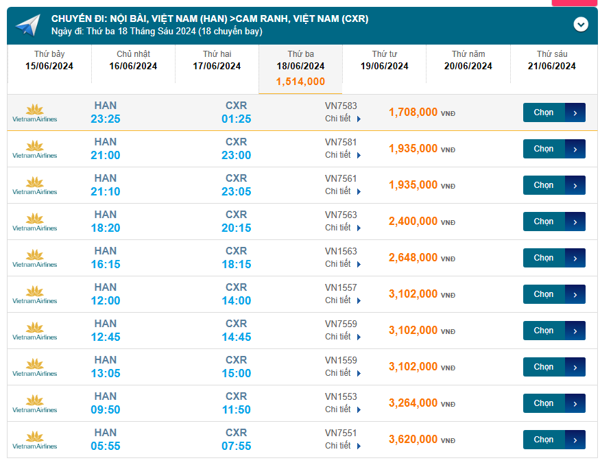 Nội Bài (HAN) - Cam Ranh (CXR) 18/06/2024