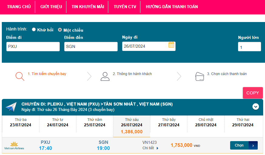 Pleiku (PXU) - Tân Sơn Nhất (SGN) 26/07/2024