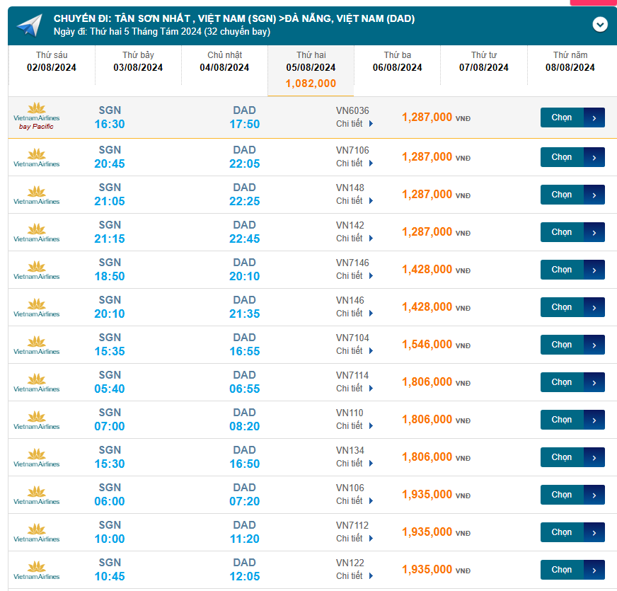 Tân Sơn Nhất (SGN) - Đà Nẵng (DAD) 05/08/2024
