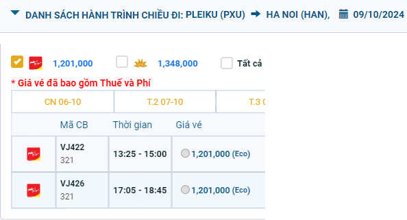 Pleiku (PXU) - Nội Bài (HAN) 09/10/2024