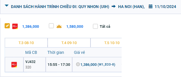 Phù Cát (UIH) - Nội Bài (HAN) 11/10/2024