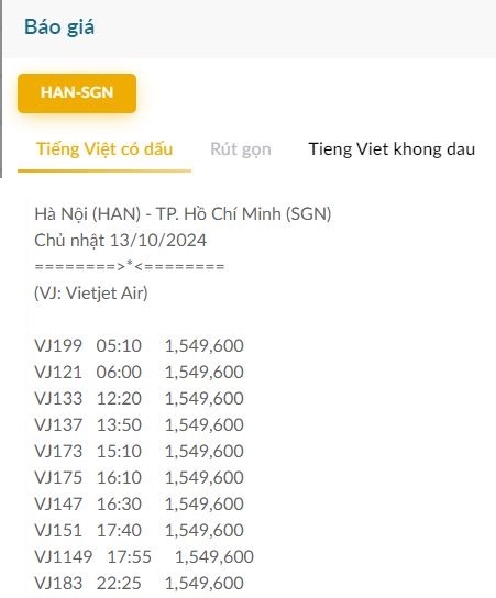 Hà Nội (HAN) - TP. Hồ Chí Minh (SGN) Chủ nhật 13/10/2024