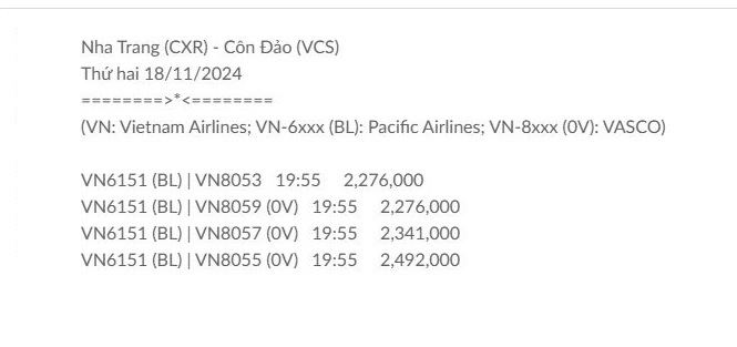 Nha Trang (CXR) - Côn Đảo (VCS) Thứ hai 18/11/2024